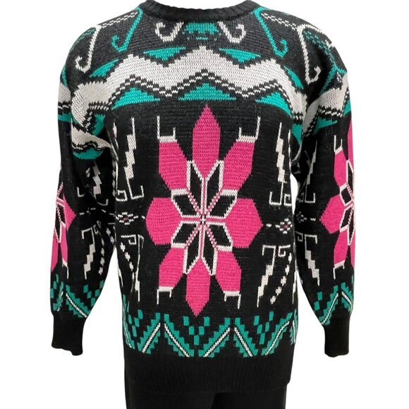 Etirel Vintage Ski Sweater Womens S Black Pink Green Snowflake Retro 80s Wool - Picture 5 of 7